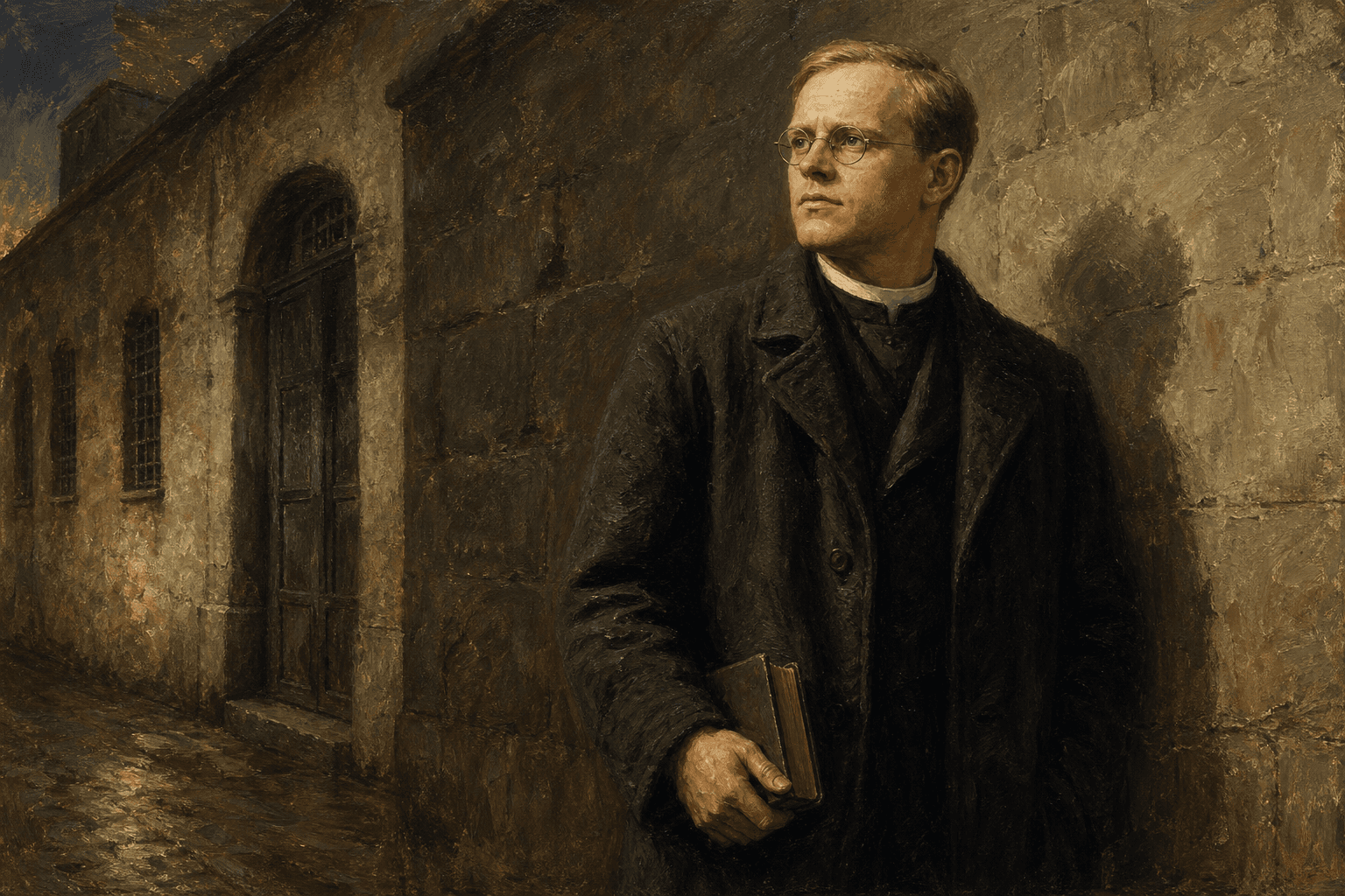 A young man in a dark coat stands before a prison wall, a book in one hand and a quiet resolve on his face.